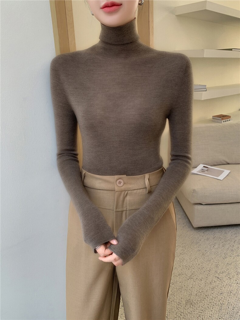 一线成衣无缝精纺扬子纱100羊毛衫女堆堆领修身显瘦内搭打底衫,针织衫/毛衣,暖绒情旗舰店
