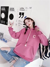 加绒刺绣字母卫衣，女装卫衣/绒衫，美依菱