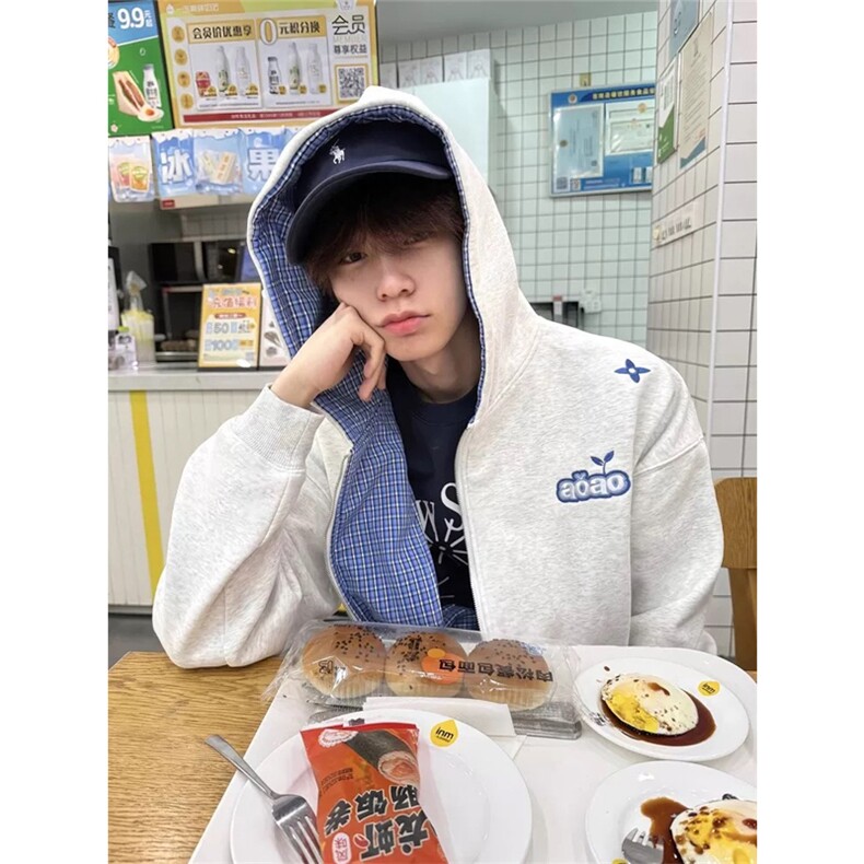 网图有货拼接格子连帽华棉刺绣字母卫衣男A944-常规P50加绒P55，男装卫衣，星座1505