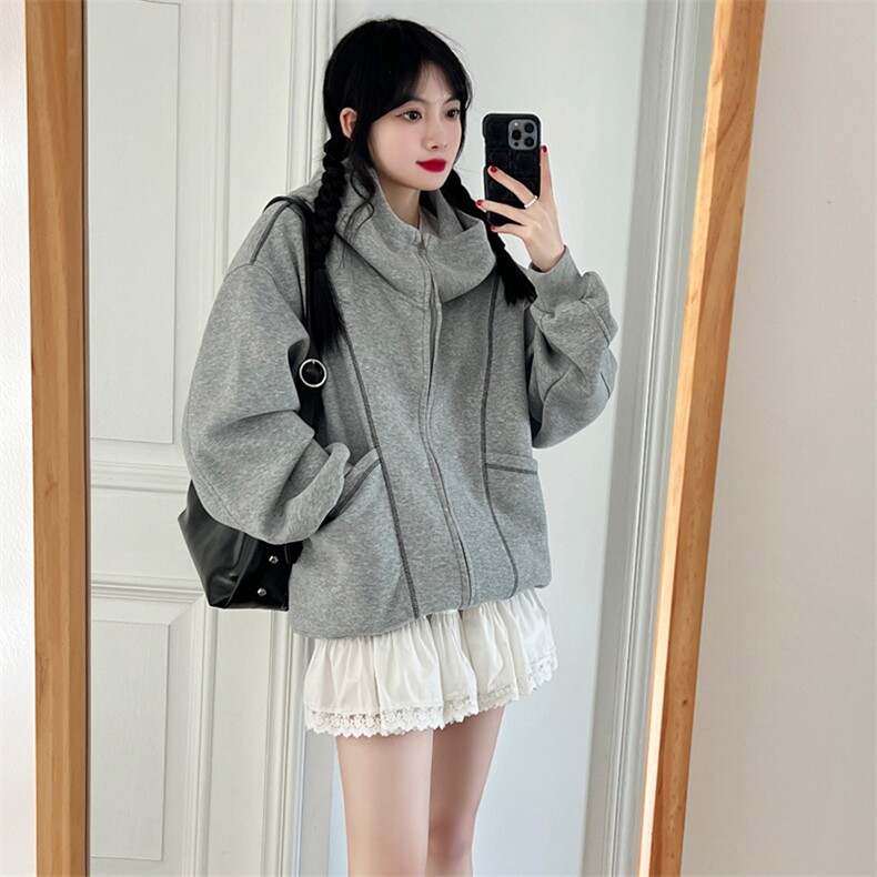 抖音得物高品质秋冬美式高街重磅结构辑明线纹理连帽卫衣外套W111，女装短外套，电商A486-1