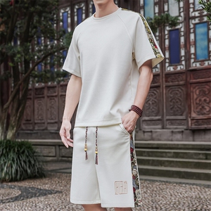 男士休闲运动套装男刺绣拼接T恤短裤两件套青年A266-TZ9907-P47图片