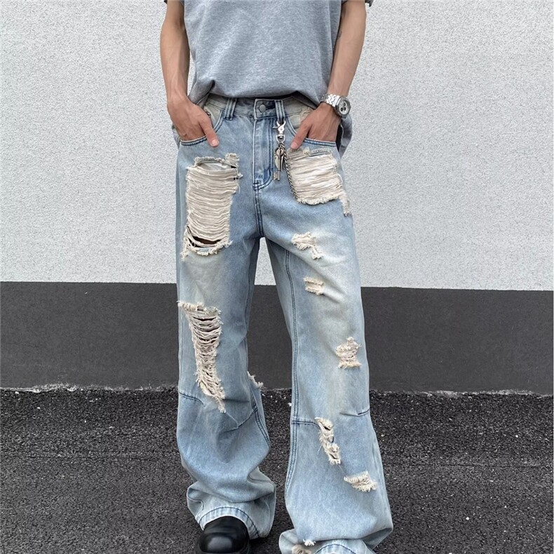 美式复古破洞牛仔裤男女夏季高街设计感直筒宽松阔腿裤NA7018-P55图片