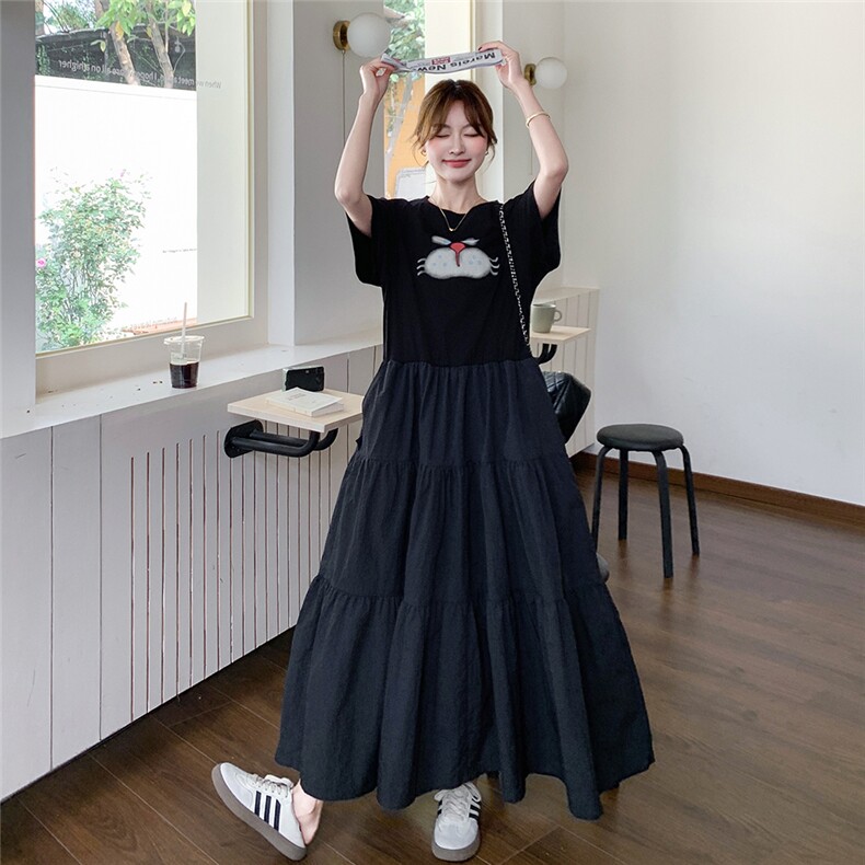 黑色印花t恤拼接连衣裙女2025夏高级感气质减龄超长款到脚踝长裙,女装连衣裙,2C206
