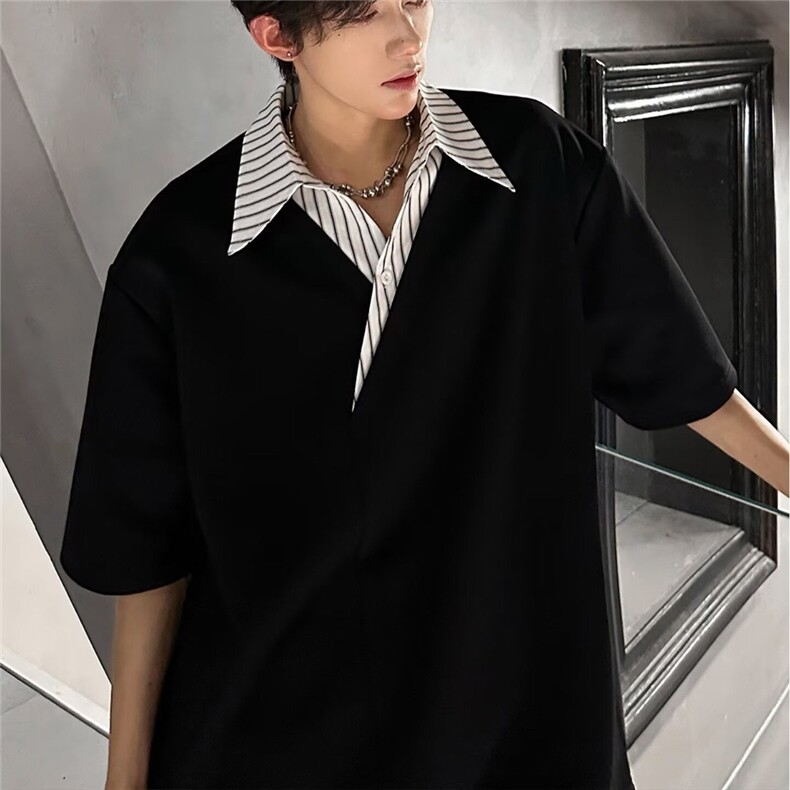 网图美式假两件POLO衫男款夏季设计感条纹衬衫领上衣YY813-P35，男装Polo衫，电商C216