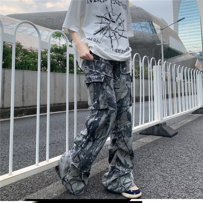 美式高街工装休闲裤女夏季多巴胺穿搭印花抽绳直筒长裤BK79-P84,男装牛仔裤,星座1109-3