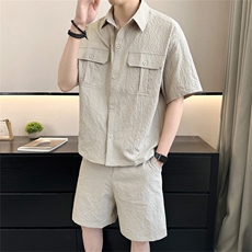 2025夏季冰丝短袖短裤透气褶皱两件套运动休闲套装2716-P95，男装休闲套装，电商A413