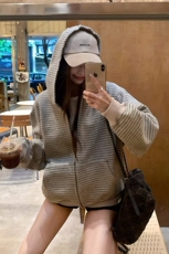 2025兔毛绒卫衣女拉链连帽开衫条纹复合慵懒松弛高级感春秋男外套，女装短外套，星座218-8