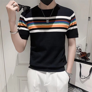 男士夏季新款潮牌时尚修身帅气针织彩虹条纹短袖男潮半袖t恤T3318图片