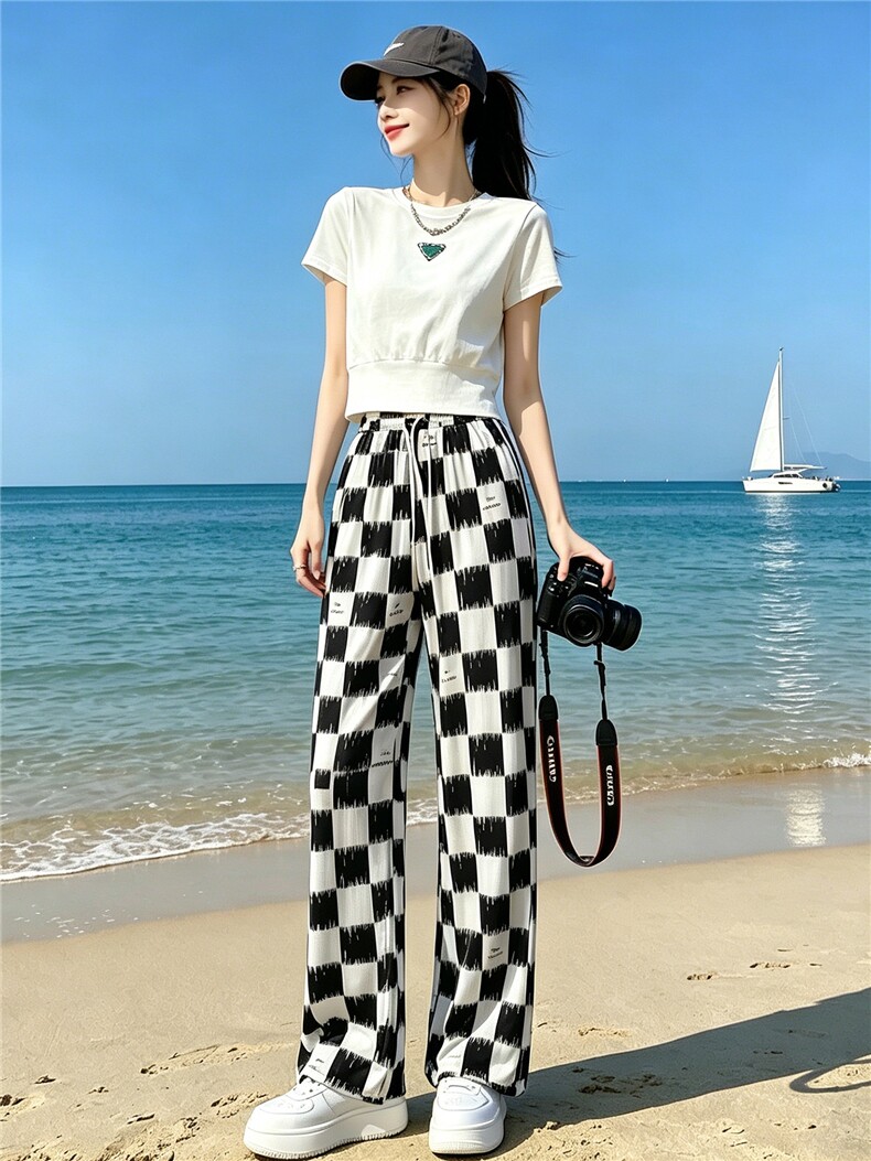 欧货时尚休闲运动套装女夏季新款显瘦圆领短袖上衣格子长裤两件套,女装套装/套裙,江南