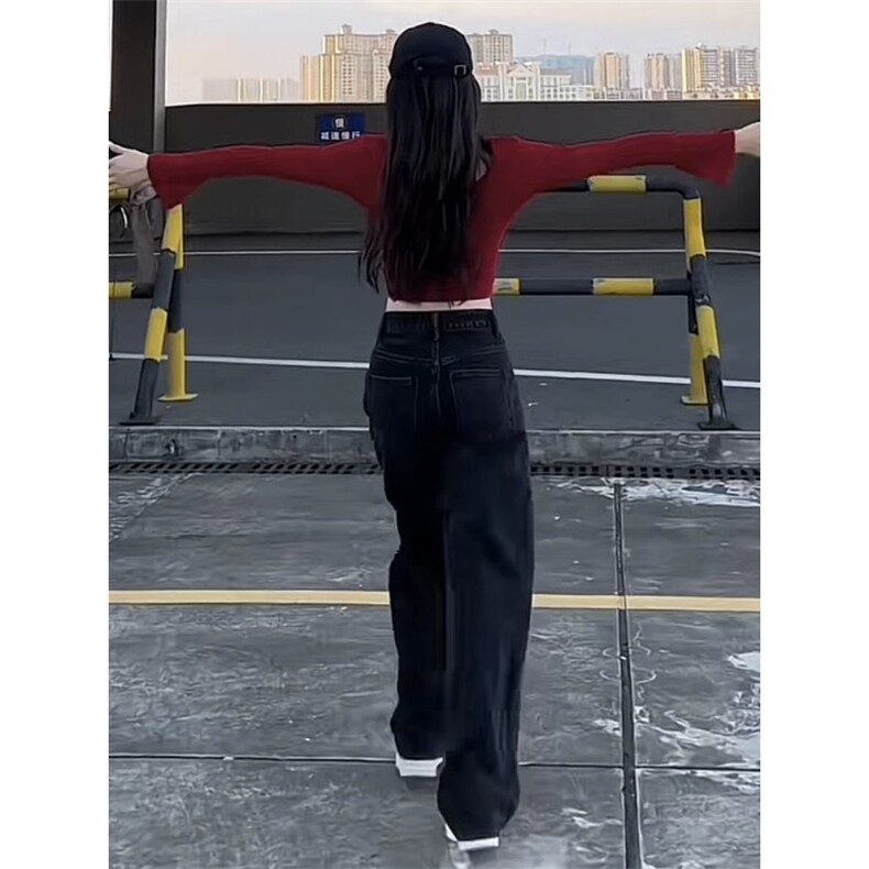 AK2209-P50拼接高腰阔腿牛仔裤新款宽松显瘦直筒拖地裤,女装休闲裤,星座617A-2