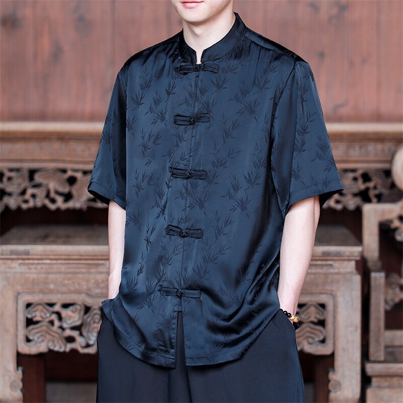 中式男士竹叶醋酸提花短袖衬衫T恤CS9898-P65控89,男装T恤,电商A021