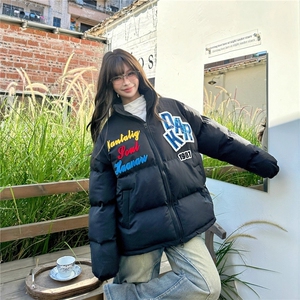 美式植绒刺绣棉服男女冬季加厚情侣保暖潮牌宽松面包服潮图片