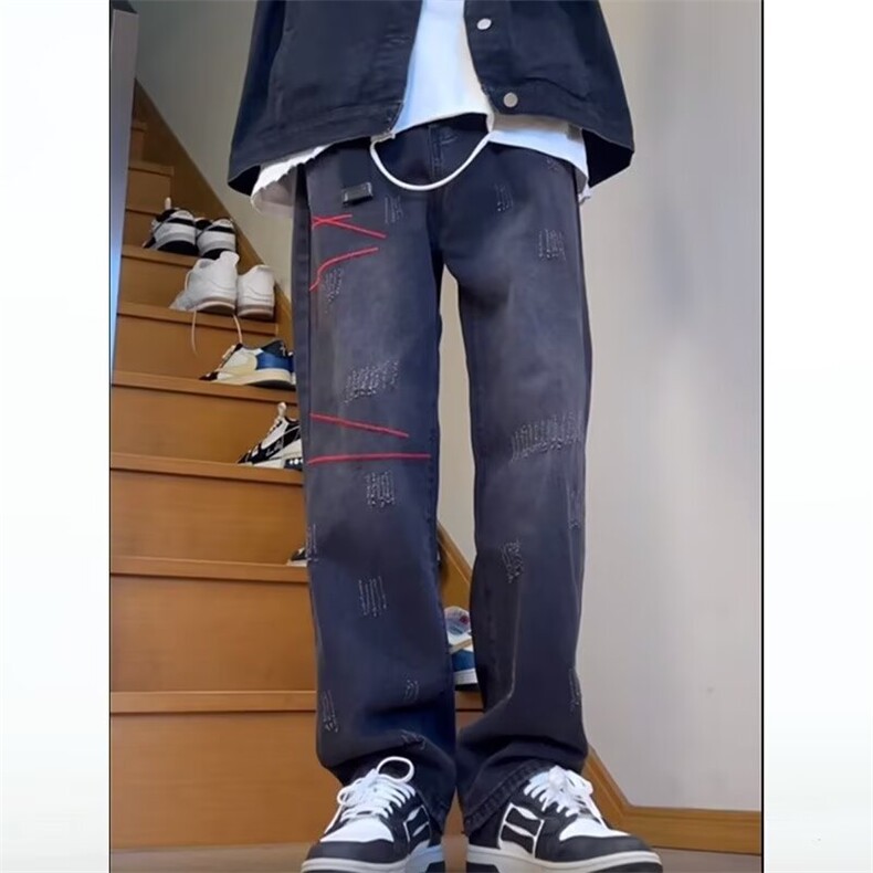 牛仔裤男春秋季潮牌高街复古休闲直筒裤设计感阔腿长裤N9902-P47图片