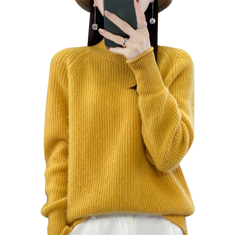 秋冬半高领100%纯羊毛衫女卷边加厚长袖毛衣宽松羊绒针织打底上衣,女装羊毛衫,九嘉羊绒