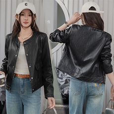 2025春秋季新款高级感质感长袖短款圆领pu皮衣夹克欧美时尚外套女，女装皮衣，江南女神