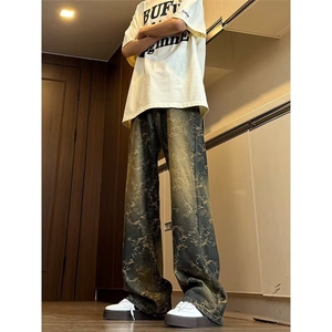 高街荆棘提花牛仔裤新款弯刀裤直筒休闲嘻哈裤子潮K7100-P42网图
