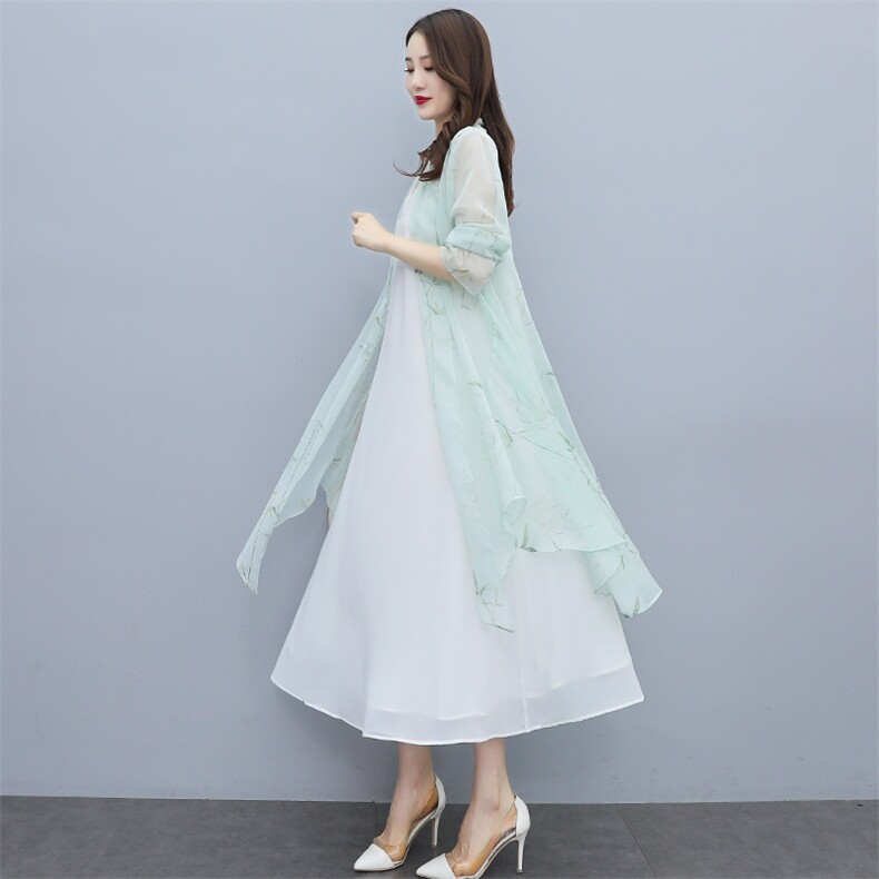 防晒衣女夏中长款2025新款雪纺衫印花外搭披肩超仙薄开衫防晒衫潮，女装蕾丝衫/雪纺衫，秀美人生