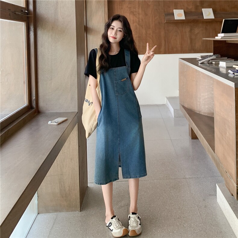牛仔连衣裙女2025夏新款高级感时尚减龄气质显瘦拼接假两件背带裙,女装连衣裙,2C236