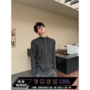 1506/Q56080/P54秋冬亨利领针织衫毛衣男版粗条纹纯色打底衫时髦图片