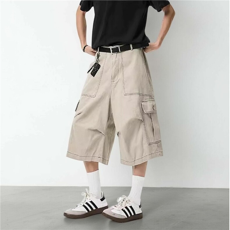 美式工装七分裤子男女夏季2025新款宽松直筒短裤过膝伞兵休闲裤子,男装牛仔裤,电商A306-2
