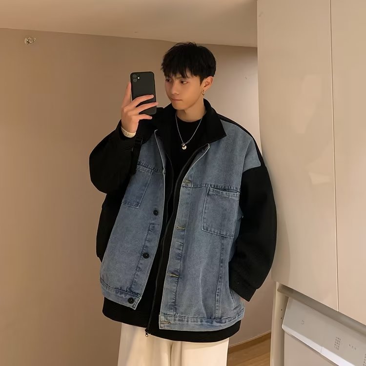 假两件牛仔外套男秋季潮牌设计感拼接港风韩版潮流宽松休闲夹克衫,男装工装外套,星座1210-1