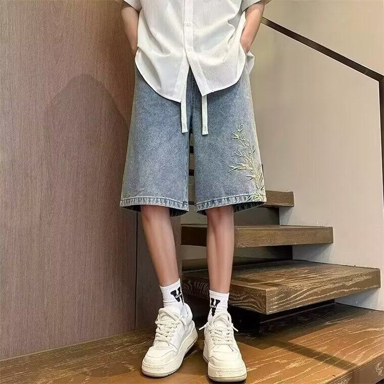 新中式竹叶刺绣牛仔短裤男夏季设计感高级国潮宽松休闲过膝五分裤,男装牛仔裤,星座302B