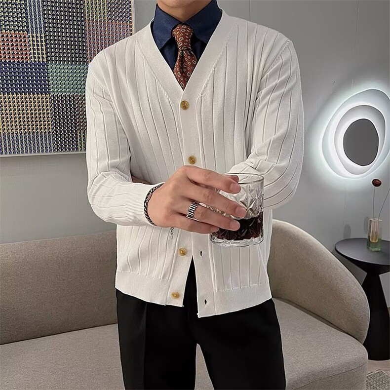 修身凹凸纽扣男开衫针织时尚简约条纹V领毛衣小外套潮 M832图片