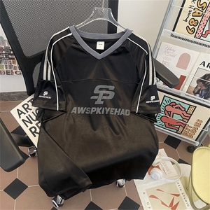美式V领杠条球服短袖T恤男夏季宽松休闲短裤运动体恤ST547-P41