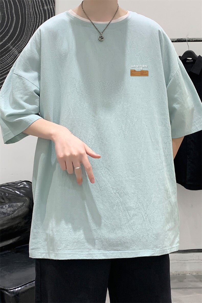 YT26350-P30亚麻短袖t恤男大码五分袖男宽松七分袖大皂风模特,男装T恤,电商A040