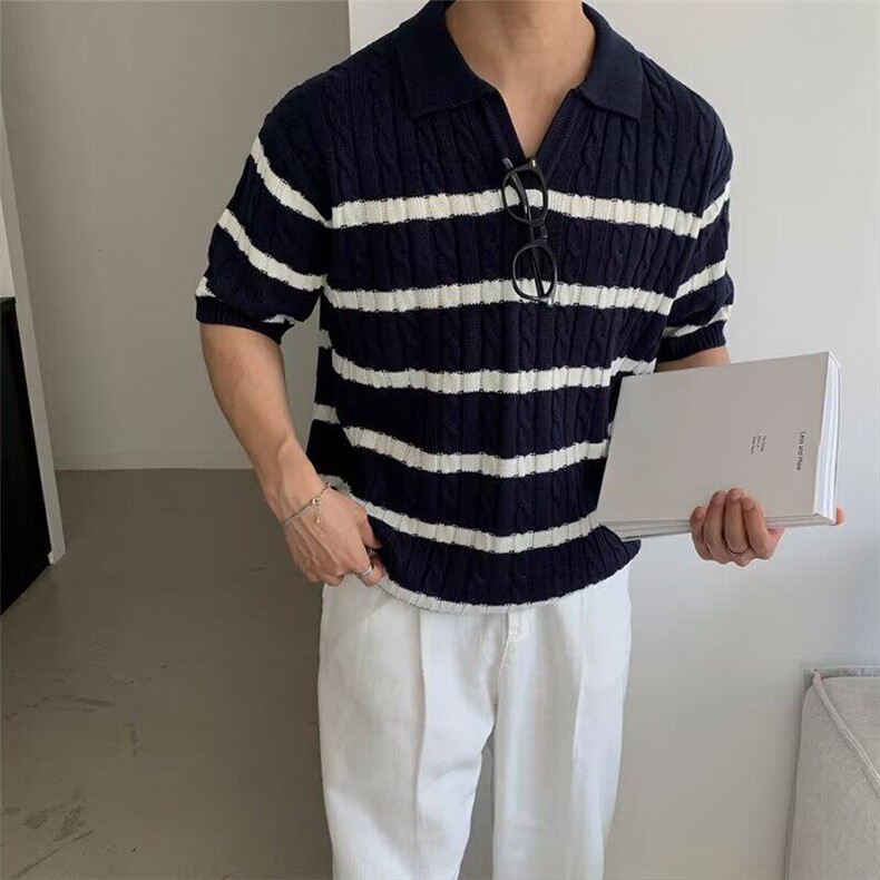 夏季翻领Polo衫短袖针织衫男宽松美式弹力T恤图片