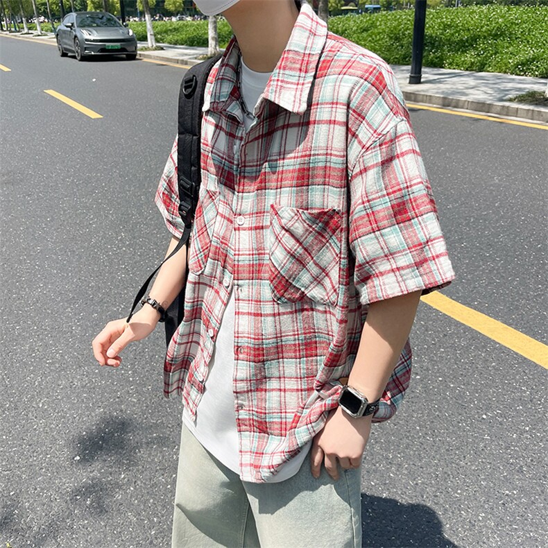 复古街头粉色格子短袖衬衫男宽松休闲百搭情侣外套C139-P35,男装衬衫,星座308B-2