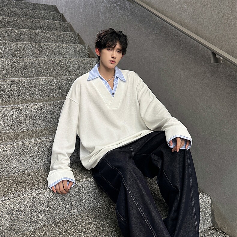 现货双色拼接翻领V学院风百搭休闲男T恤A071-3307-P55,男装T恤,电商A071