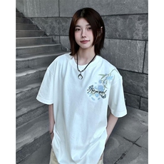 网图有货美式蓝花卉蝴蝶字母刺绣短袖t恤男女宽松上衣A663-P35，男装T恤，星座1505