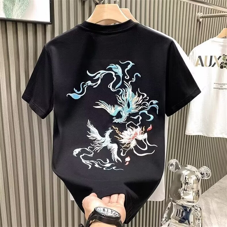 复古风圆领衣服白色刺绣短袖t恤男夏季宽松大码凤凰潮牌重磅,男装T恤,电商B212（原钱塘6029）