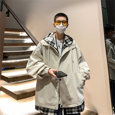 JK6006/P75秋装假两件格子撞色连帽夹克男潮宽松大码上衣外套男装，男装夹克，电商A141