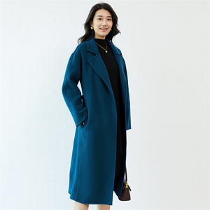 高端中长款系带修身双面羊绒大衣女羊毛呢子秋冬毛呢外套克莱因蓝图片