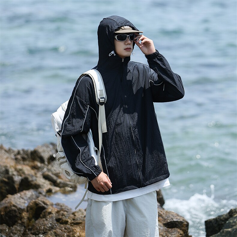 夏男防晒衣连帽反光条纹拼接抽绳夹克外套FS323P45,男装夹克,星座1013-1