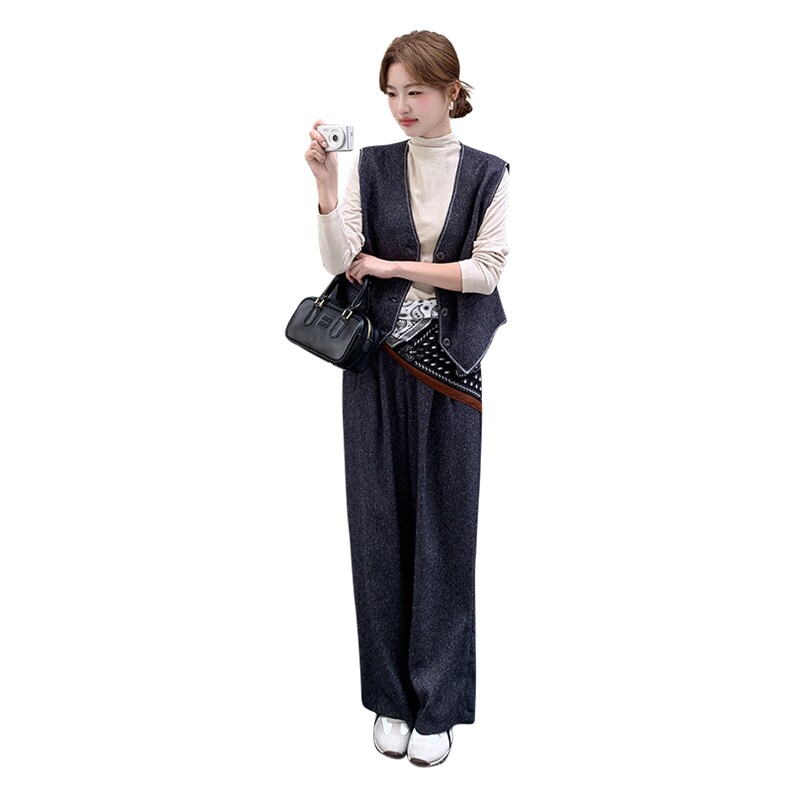 2025法式老钱风马甲+打底+高腰阔腿裤三件套,女装套装/套裙,1D066-1