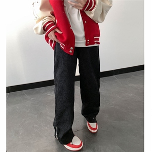 港风乱皱面料拉链设计休闲裤男潮流拖地直筒长裤男K77720P50控69图片