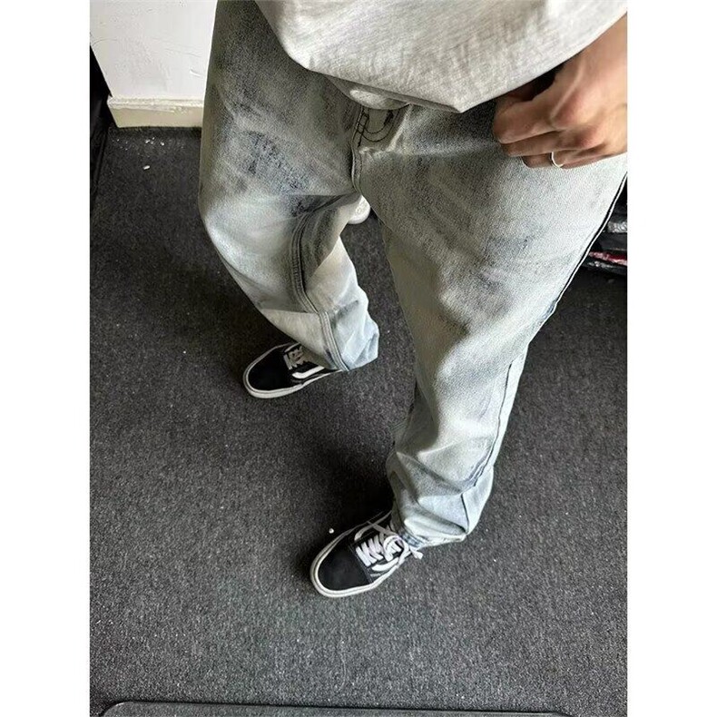 CP1222-P44复古高街水洗雪花白晕染个性扎染牛仔裤男宽松直筒裤，男装牛仔裤，电商B323A