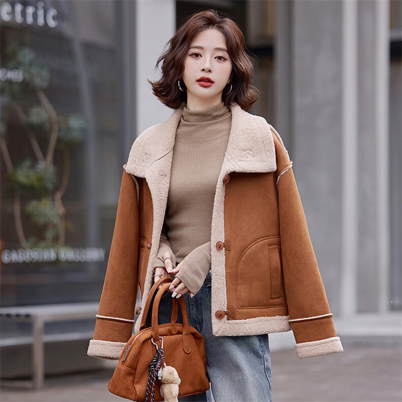 时尚休闲皮毛一体羊羔毛外套女2025冬新款韩系立领短款鹿皮绒棉服,女装短外套,慧尚依恋