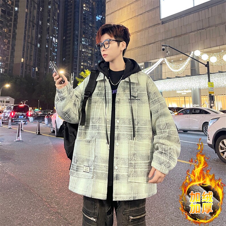 青少年连帽加绒外套男秋冬款潮牌加厚夹克学生冬装上衣V206-P110图片