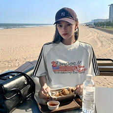 抖音得物品质二开240克宽松纯棉美式潮牌印花三条杠中性风短袖T恤，男装T恤，电商A486-1