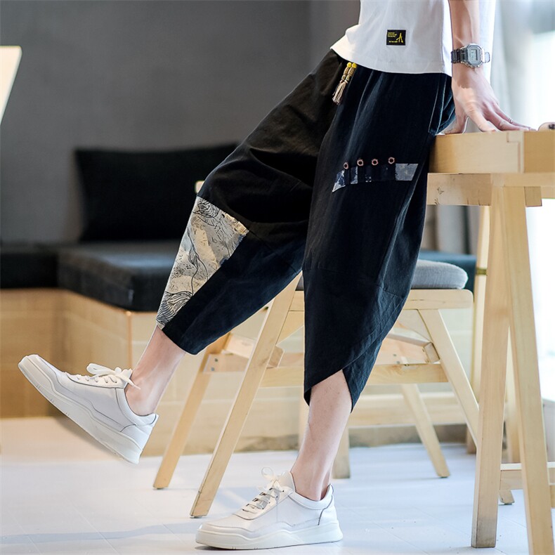 中国风短裤男夏季薄款潮牌ins宽松大码休闲裤潮流外穿束脚七分裤，男装牛仔裤，电商A266-1