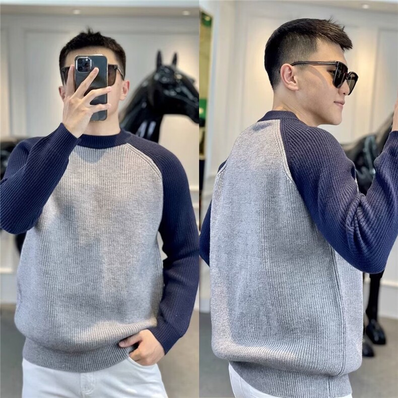 百搭软糯撞色拼接毛衣青少年冬季套头宽松打底慵懒风圆领针织衫潮,男装T恤,星座506A
