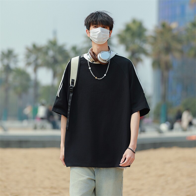 港风夏款男短袖T恤条纹拼接五分袖T恤衫T27P33,男装T恤,星座1013-1