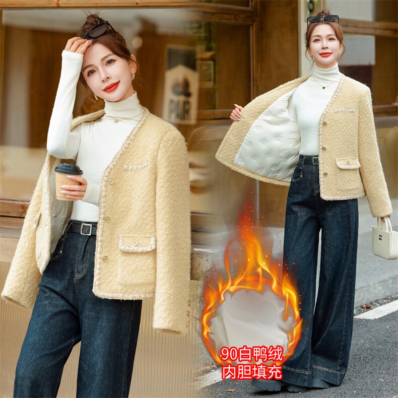 2024冬季白鸭绒宽松显瘦大码粗花呢小个子法式小香风羽绒服外套女，女装毛呢外套，雅静靓衣