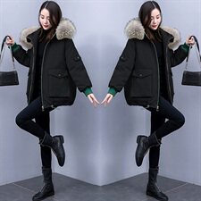 2022冬季新款韩版时尚简约宽松保暖舒适大毛领连帽棉衣，女装棉衣/棉服，三木叶子