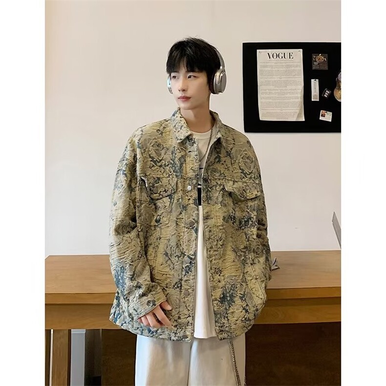 美式高街小众破坏风流苏花卉牛仔外套男水洗刺绣宽松M2313-P78,男装工装外套,星座1109-3