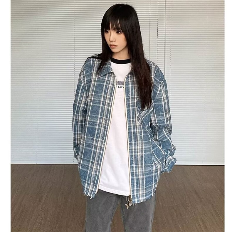 蓝色格子长袖衬衫男女情侣春秋设计痞帅衬衣秋季潮牌时尚炸街外套,男装衬衫,星座506A